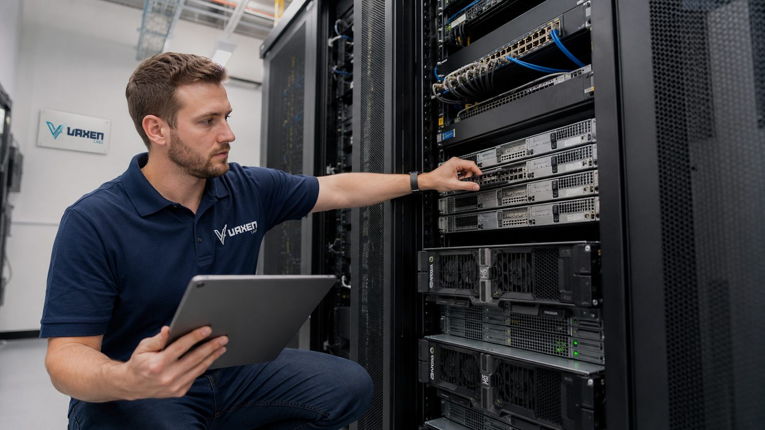 A Vaxen Labs engineer working with server hardware in a data center