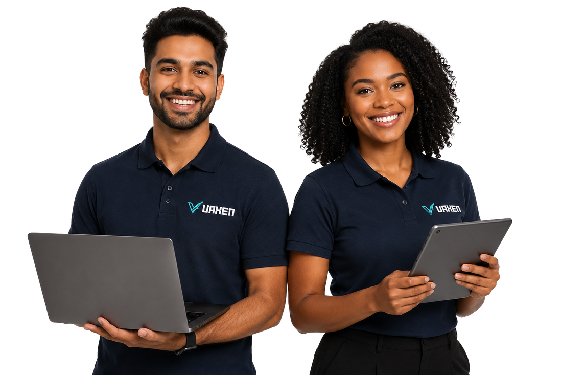 Two Vaxen Labs staff members in branded navy polos, holding a laptop and a tablet
