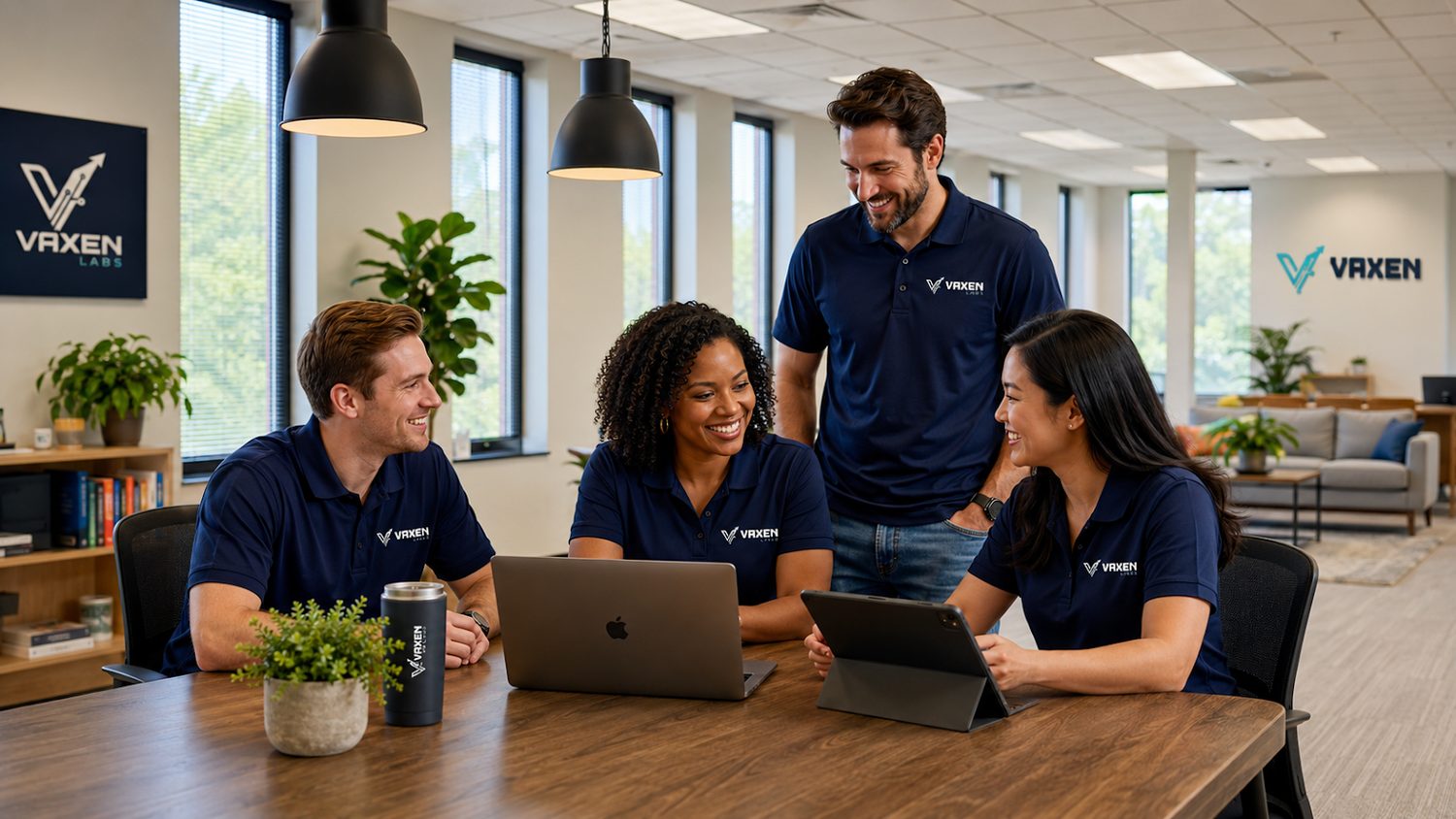 A Vaxen Labs team collaborating around a laptop in a bright office